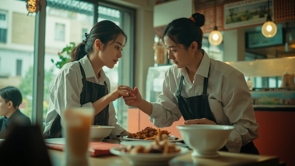 A server asks a diner about the spice level of a dish at a restaurant, illustrating “it's a bit spicy — is that okay” in Chinese: 有点辣，可以吗？ (yǒudiǎn là, kěyǐ ma?)