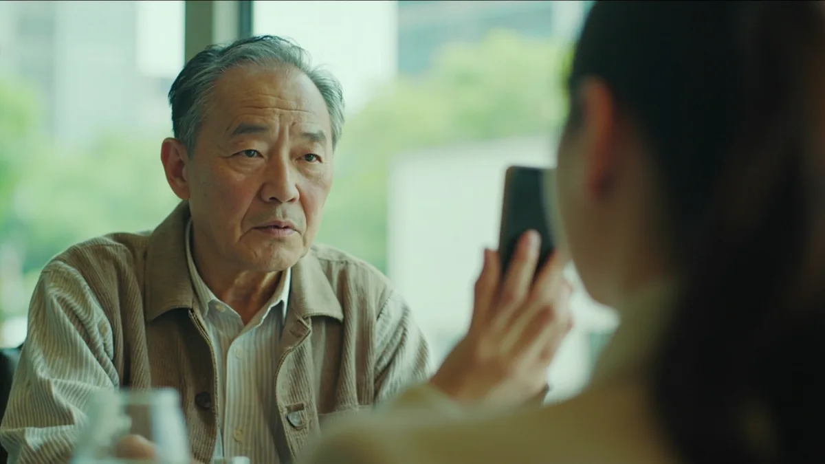 A tired person shows a phone screen to suggest ordering food, illustrating “let's order delivery” in Chinese: 叫外卖吧 (jiào wàimài ba.)