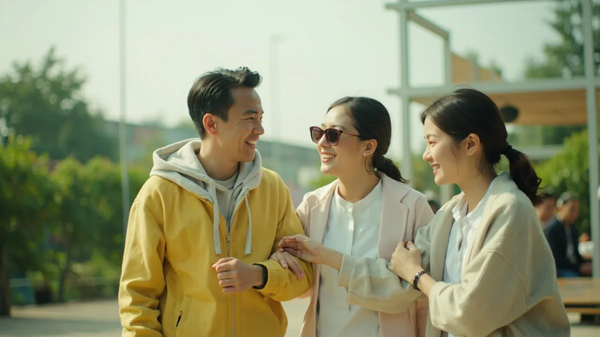 Three adults share a moment of genuine joy and connection outdoors, illustrating “live laugh love” in Chinese: 好好生活，开心地笑，用心去爱 (hǎohǎo shēnghuó, kāixīn de xiào, yòngxīn qù ài)