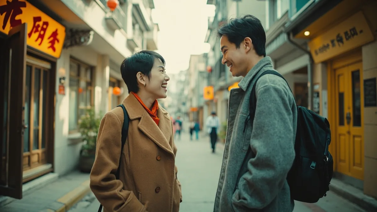 Two friends smile as they meet on a Chinese street, illustrating “long time no see” in Chinese: 好久不见 (hǎojiǔ bújiàn)