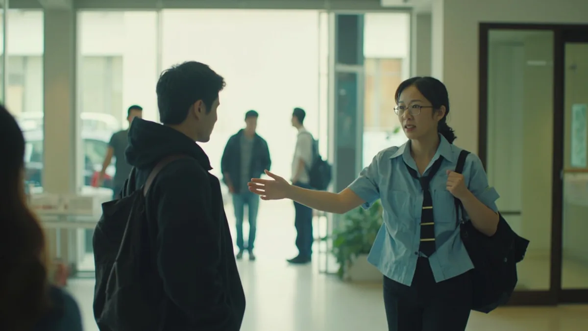 A helpful attendant gestures toward a nearby service area in a public building, illustrating “lost and found is at the service desk” in Chinese: 失物招领处在服务台 (shīwù zhāolǐngchù zài fúwùtái)
