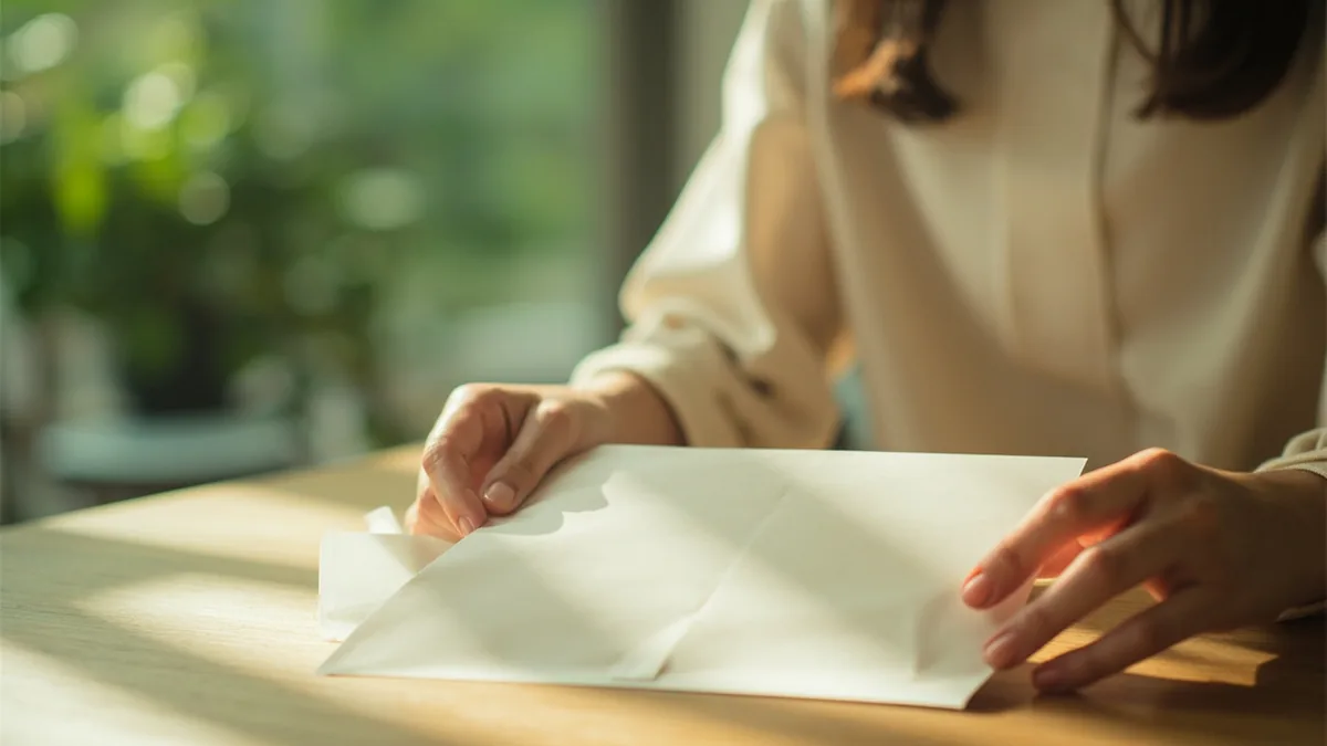 A woman slips a folded sheet of paper into a small envelope, illustrating “love letters” in Chinese: 情书 (qíngshū)