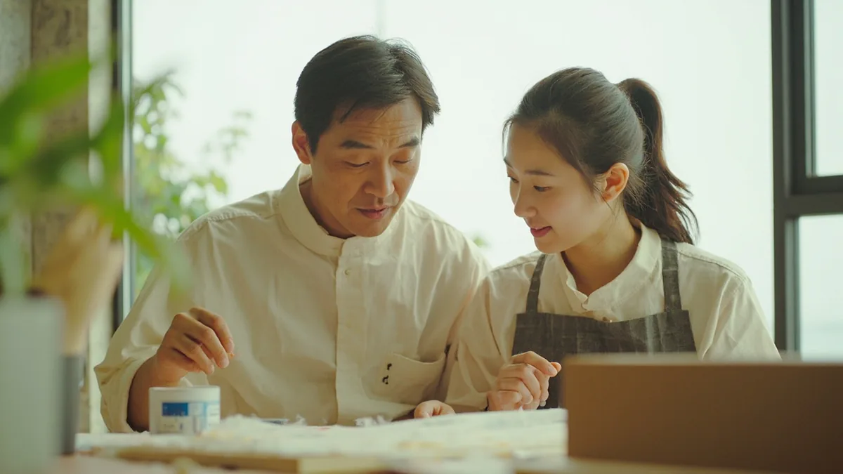 Two friends discuss a task that is nearly finished, illustrating “more or less” in Chinese: 差不多 (chàbuduō)