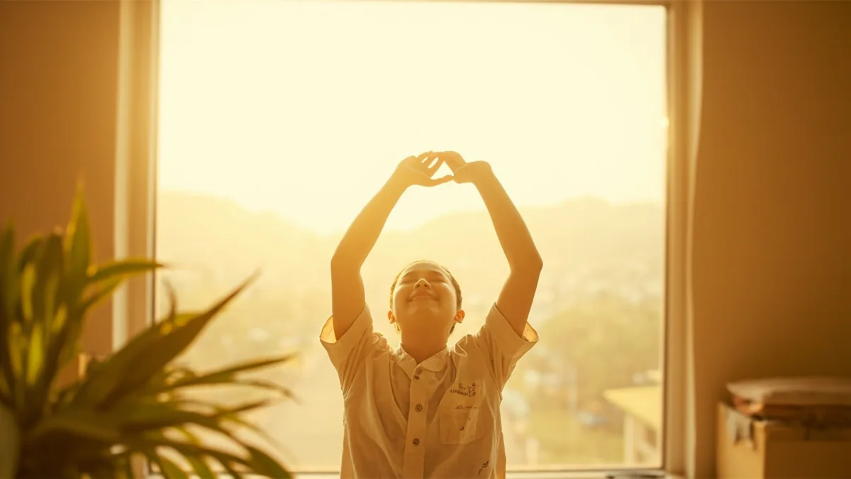 A person stretches by a bright window at sunrise, illustrating “morning” in Chinese: 早上 (zǎoshang)