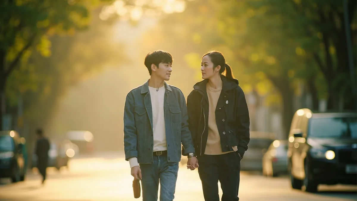 A couple walks hand-in-hand along a quiet street, illustrating “my love” in Chinese: 亲爱的 (qīn'ài de)