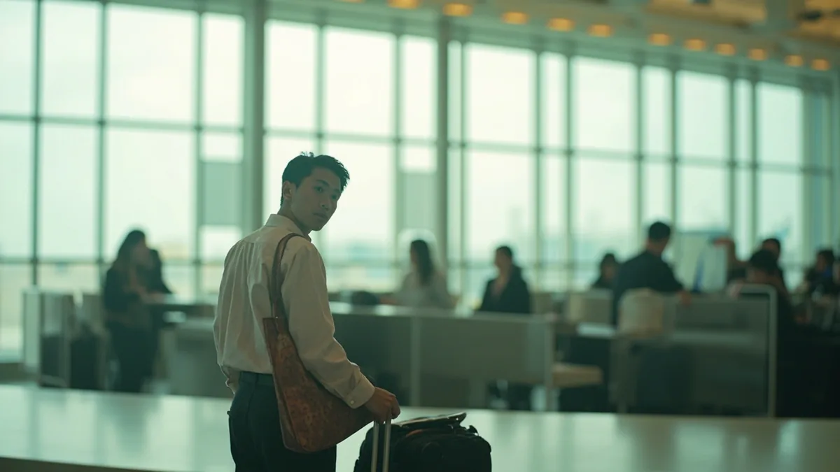 A traveler looks worriedly at an empty baggage carousel, their luggage still missing, illustrating “my luggage hasn't come out” in Chinese: 我的行李还没出来 (wǒ de xíngli hái méi chūlai.)