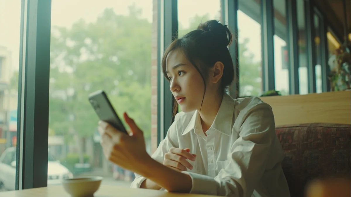 A person looks distressed after realizing their phone is missing from a cafe table, illustrating “my phone was stolen” in Chinese: 我的手机被偷了 (wǒ de shǒujī bèi tōule)