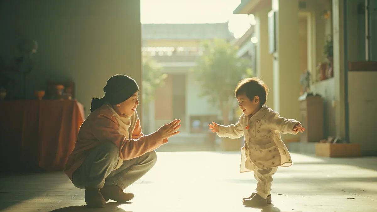An adult asks a small child their age with hand gestures, illustrating “how old are you (to a child)” in Chinese: 你几岁？ (nǐ jǐ suì?)