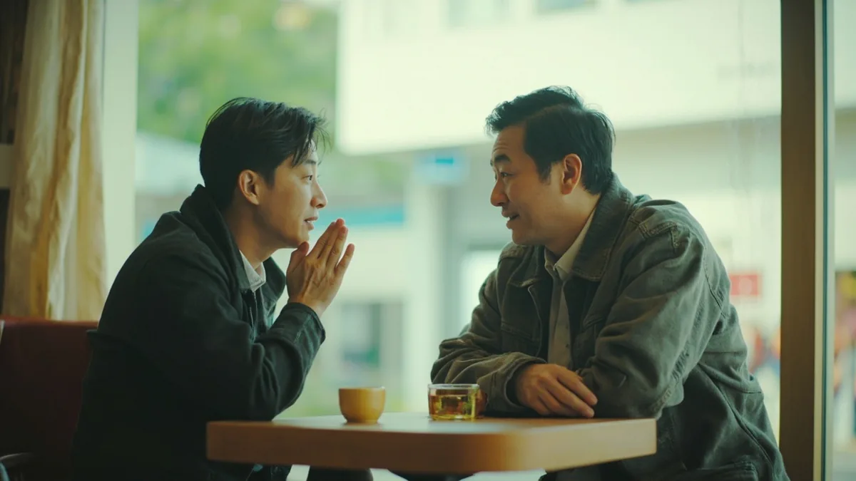 Two colleagues meet for lunch at a cafe around noon, illustrating “noon” in Chinese: 中午 (zhōngwǔ)