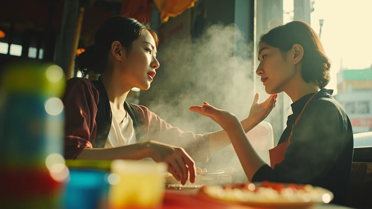 A customer gestures with their hands to a vendor, indicating a preference for a dish without any chili heat, illustrating “not spicy, please” in Chinese: 不要辣 (bùyào là)