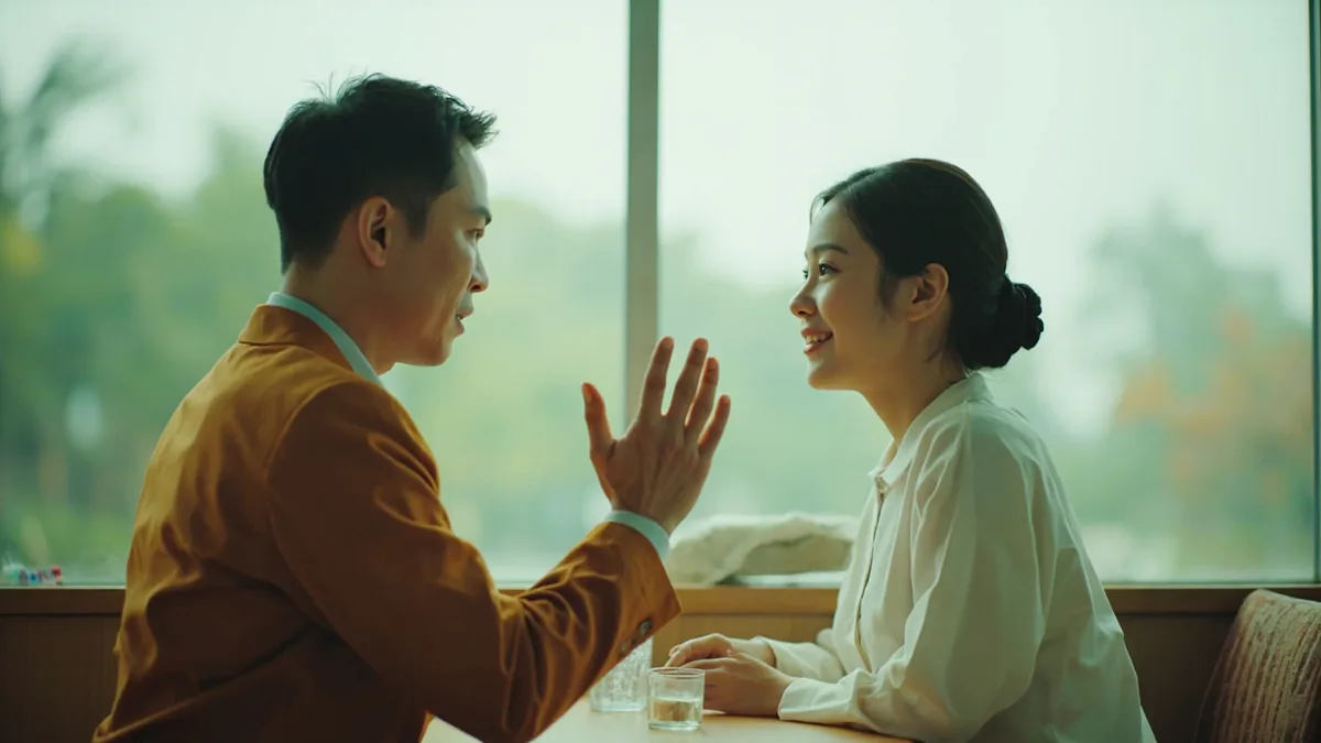 An adult politely declines an invitation with a regretful expression, illustrating “not this time” in Chinese: 这次不行 (zhè cì bù xíng)