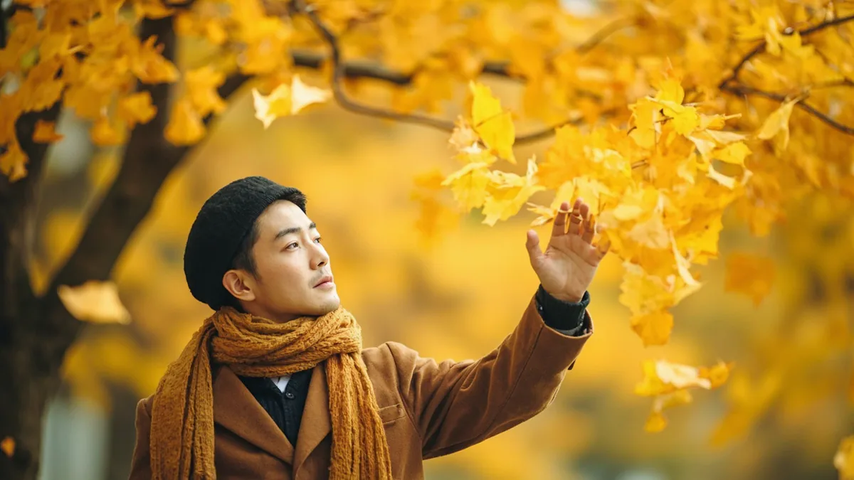 A person tosses golden ginkgo leaves in late autumn, illustrating “november” in Chinese: 十一月 (shíyī yuè)