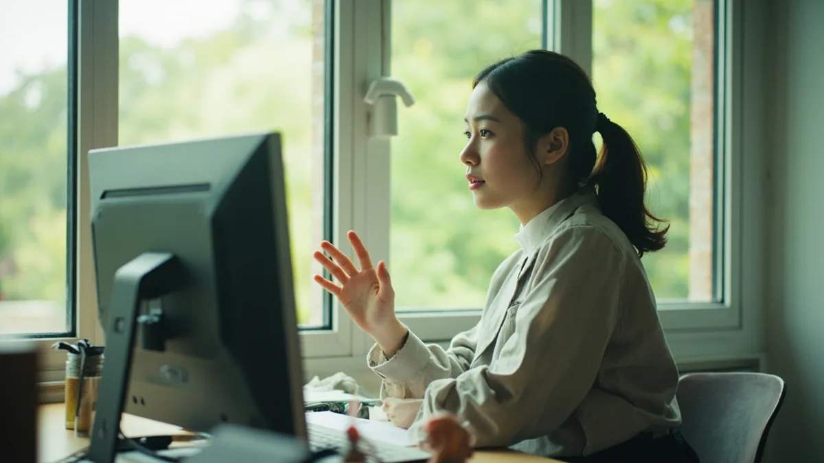 A librarian gestures for a student to wait briefly at a desk, illustrating “one moment, please” in Chinese: 请稍等 (qǐng shāo děng)