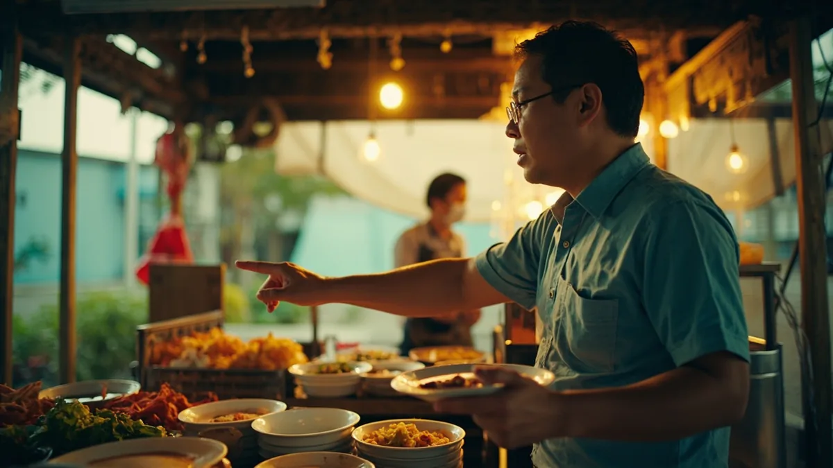 A customer gestures for another item at an outdoor food stall, illustrating “one more, please” in Chinese: 再来一个 (zài lái yí ge)