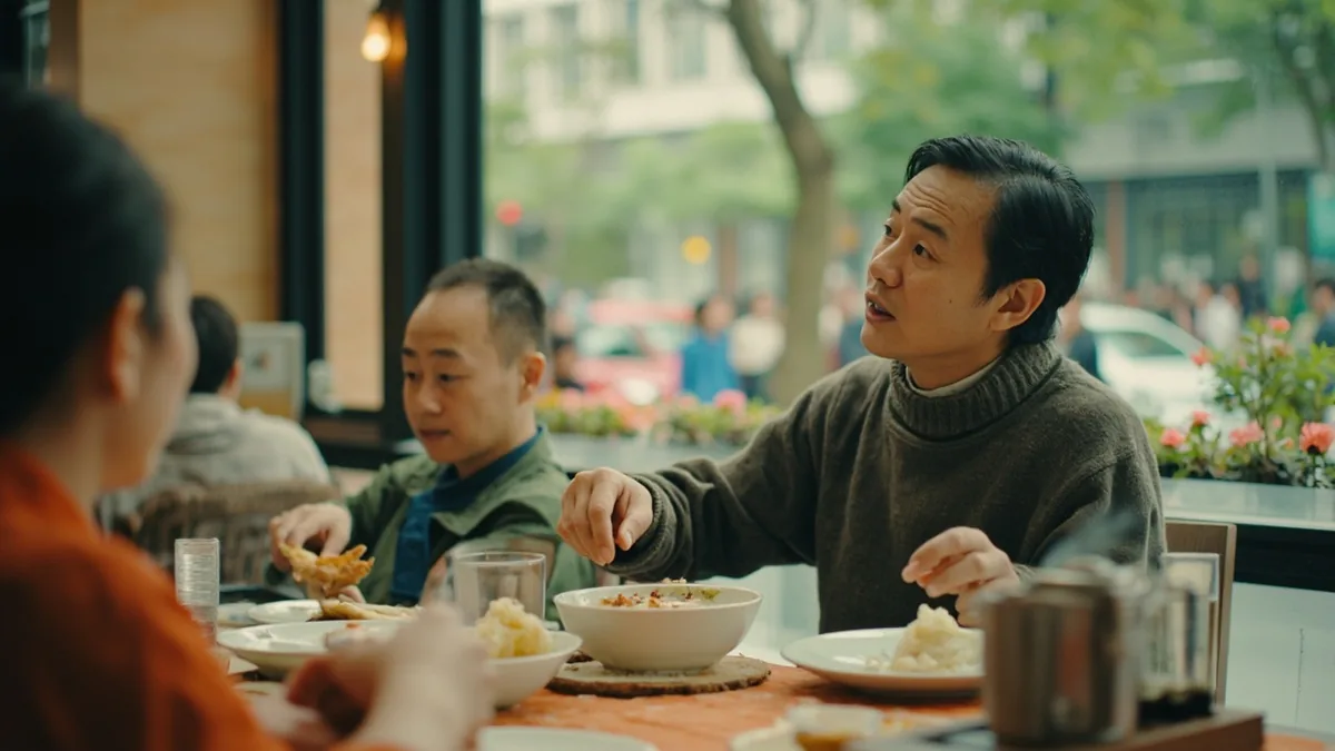 A diner gestures to request another portion of food, illustrating “one more serving, please” in Chinese: 再来一份 (zài lái yī fèn)