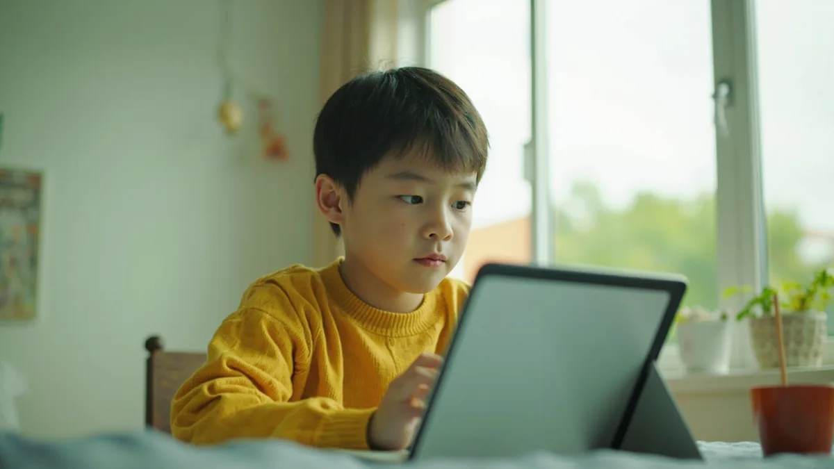 A student attends a virtual lesson on a tablet at a small desk at home, illustrating “online class” in Chinese: 网课 (wǎngkè)