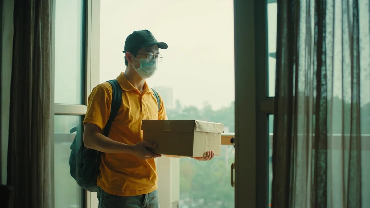 A person receives a package delivered to their apartment doorway, illustrating “online shopping” in Chinese: 网购 (wǎnggòu)