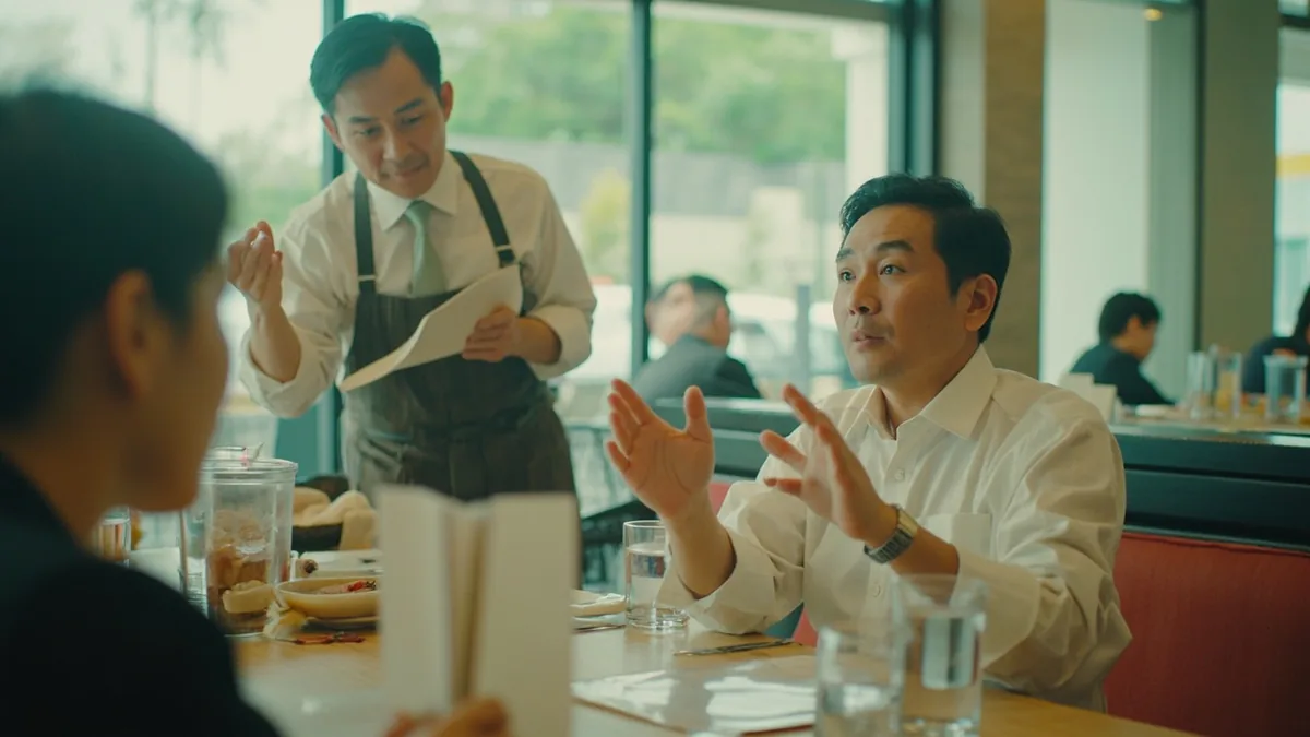 A customer looks expectantly at a server about their delayed food, illustrating “our food hasn't come yet” in Chinese: 我们的菜还没来 (wǒmen de cài hái méi lái)