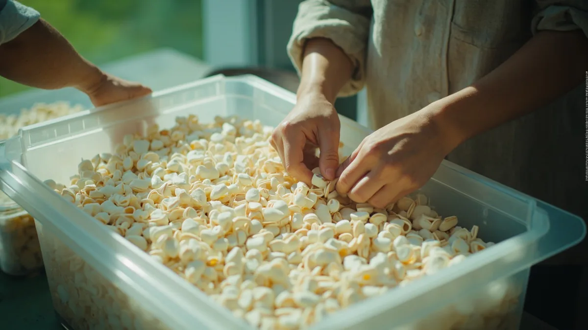 A hand places a single item into a container of many identical objects, illustrating “out of 5,000” in Chinese: 收您五千 (shōu nín wǔqiān)