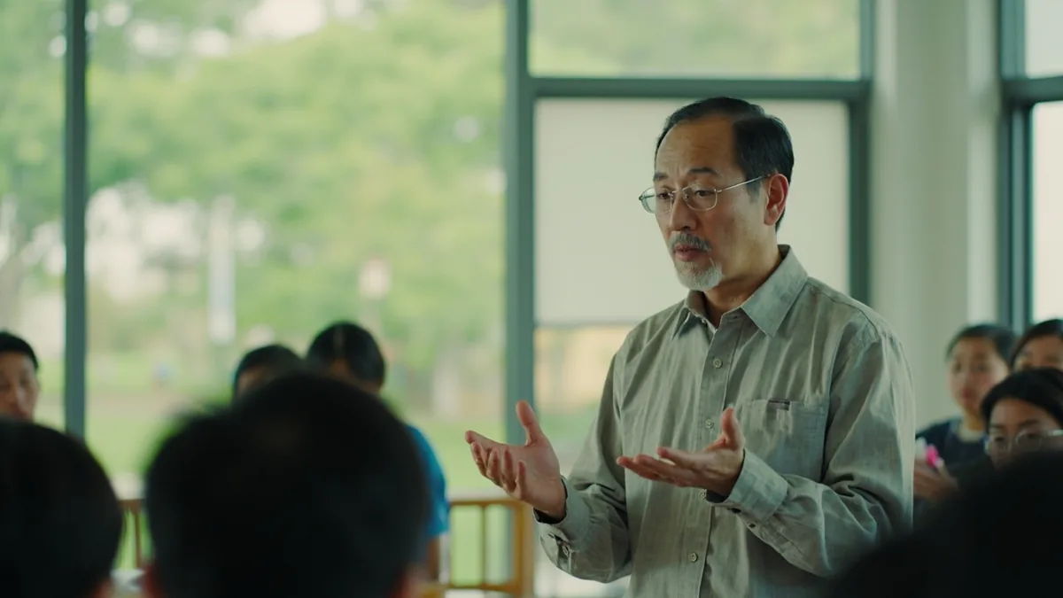 A person makes a thoughtful, calm gesture while speaking to a group, illustrating “peace” in Chinese: 和平 (hépíng)