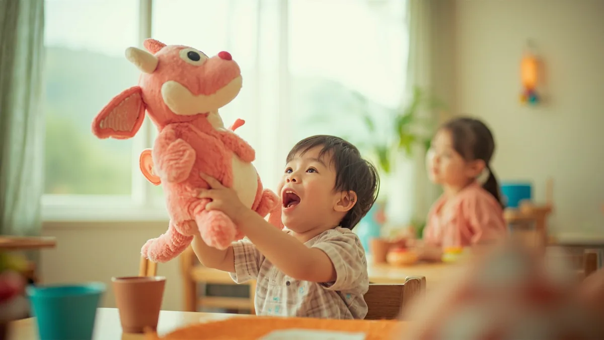 A young child proudly holds up a vibrant pink dragon toy, illustrating “pink dragon” in Chinese: 粉红色的龙 (fěnhóngsè de lóng)