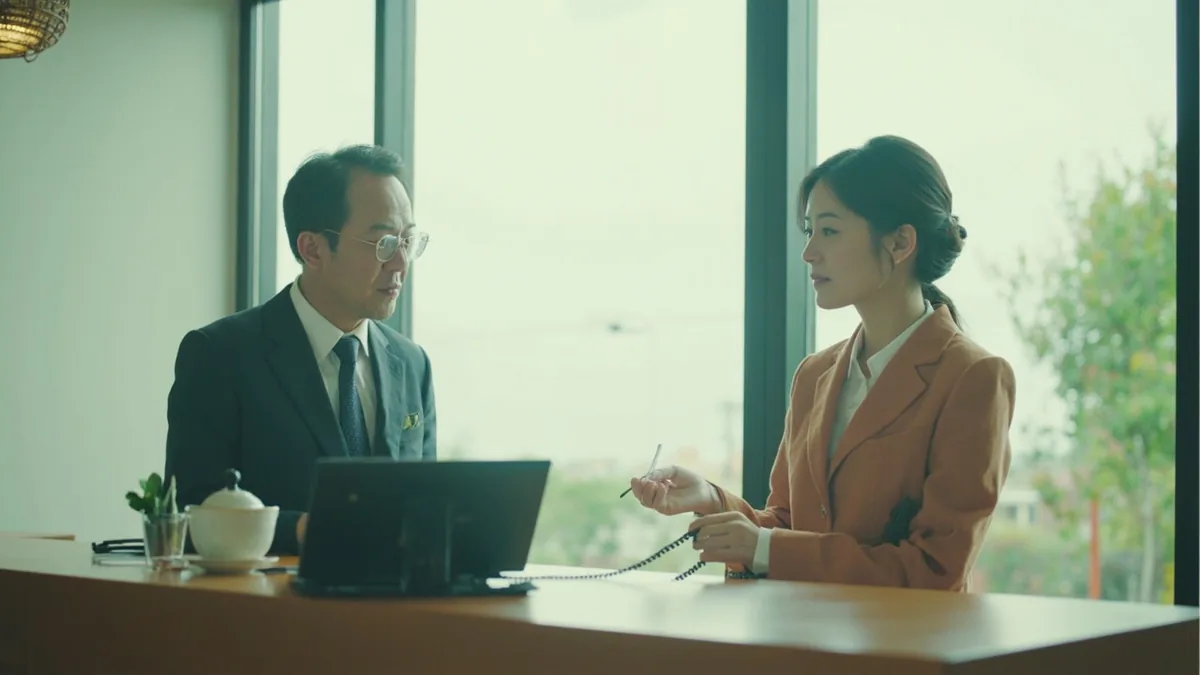 A person leaves a message with a receptionist at a desk, illustrating “please ask him to call me back” in Chinese: 请他给我回电话 (qǐng tā gěi wǒ huí diànhuà)
