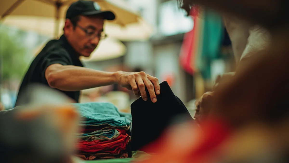Close-up of fingers poised over a dark, indistinct shape during a market transaction, illustrating “please enter your pin” in Chinese: 请输入密码 (qǐng shūrù mìmǎ.)