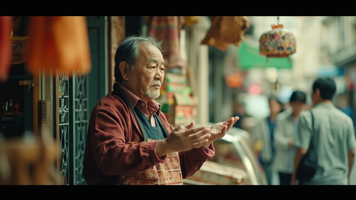 A shopkeeper makes a welcoming gesture to customers entering a small store, illustrating “please feel free to browse” in Chinese: 请随便看 (qǐng suíbiàn kàn)