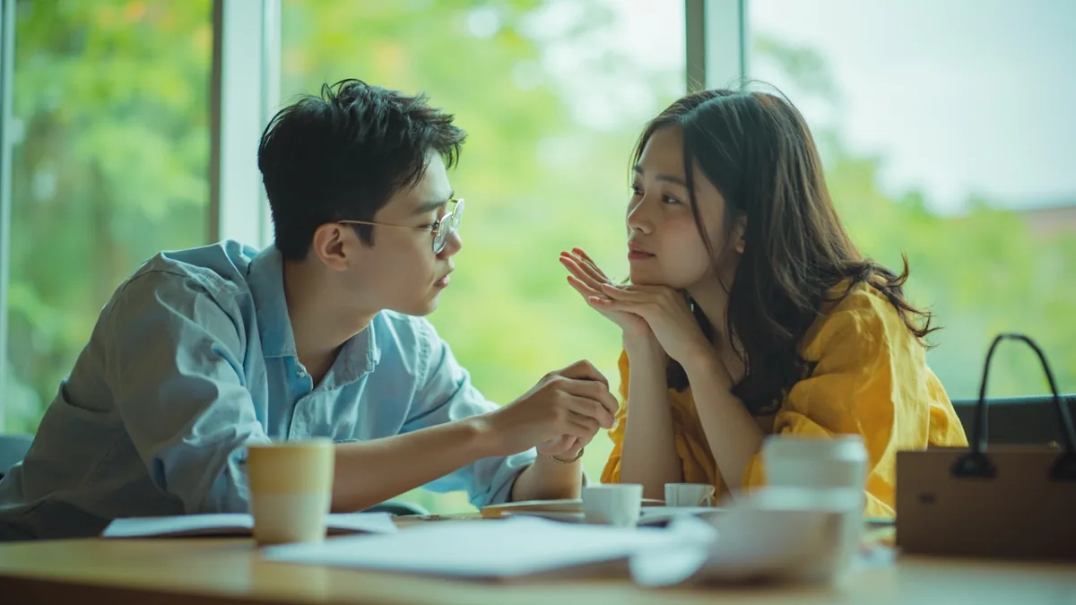 A student earnestly asks a classmate for help with a complex project, illustrating “please — I'm counting on you” in Chinese: 拜托了 (bài tuō le)