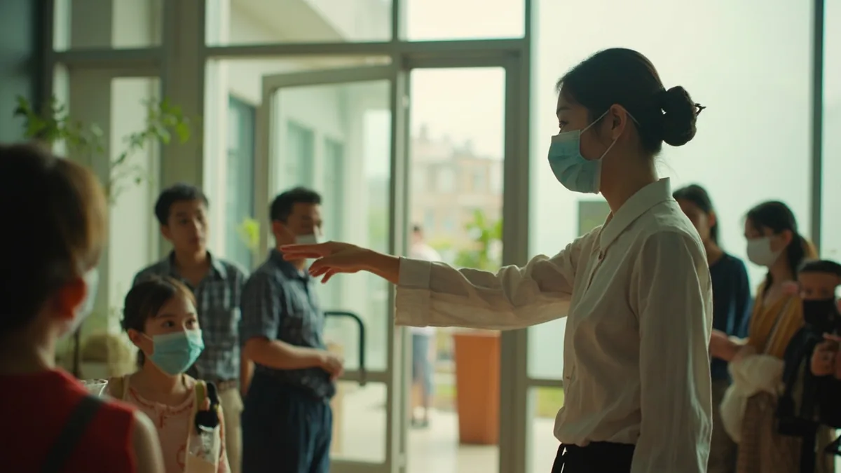 A staff member gestures for people to form an orderly line, illustrating “please line up” in Chinese: 请排队 (qǐng páiduì)