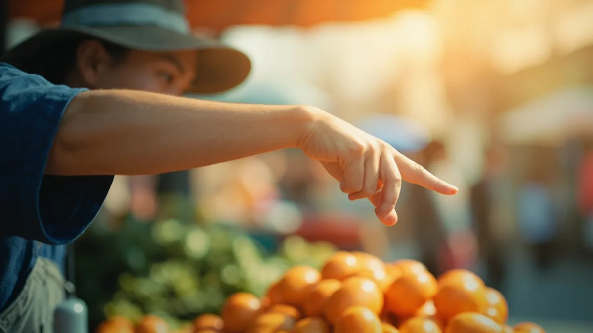 A vendor's open hand extends forward, directing a customer to complete their purchase, illustrating “please pay over here” in Chinese: 请到这边付款 (qǐng dào zhèbiān fùkuǎn)
