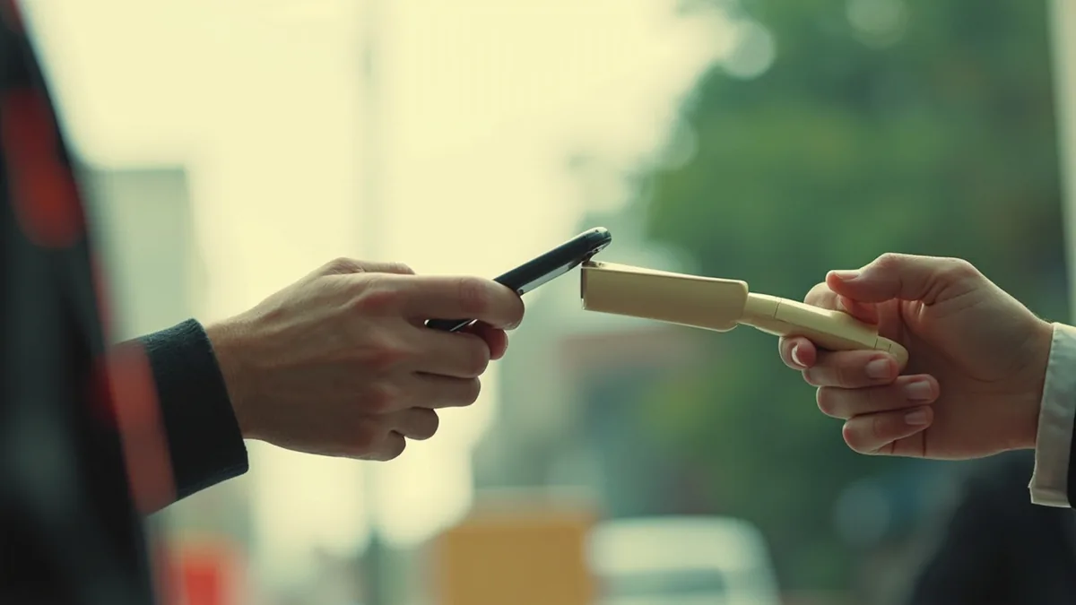 Customer extends a phone towards a worker holding a scanning tool, illustrating “please scan this qr code” in Chinese: 请扫这个二维码 (qǐng sǎo zhège èrwéimǎ)