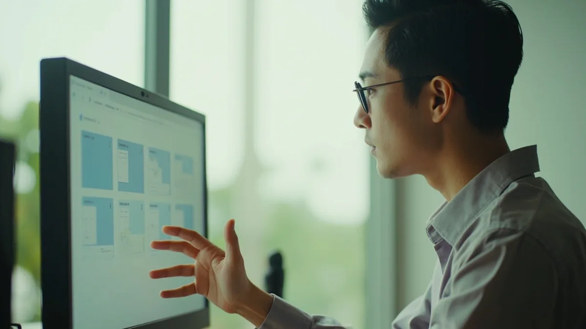 A professional gestures toward a computer screen during a video call, illustrating “please see the attachment” in Chinese: 请查收附件 (qǐng cháshōu fùjiàn)