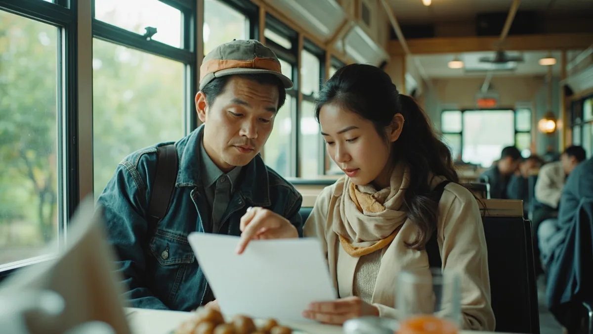 A traveler shows a blank map to a local for help understanding it, illustrating “please translate this for me” in Chinese: 帮我翻译一下 (bāng wǒ fānyì yīxià)