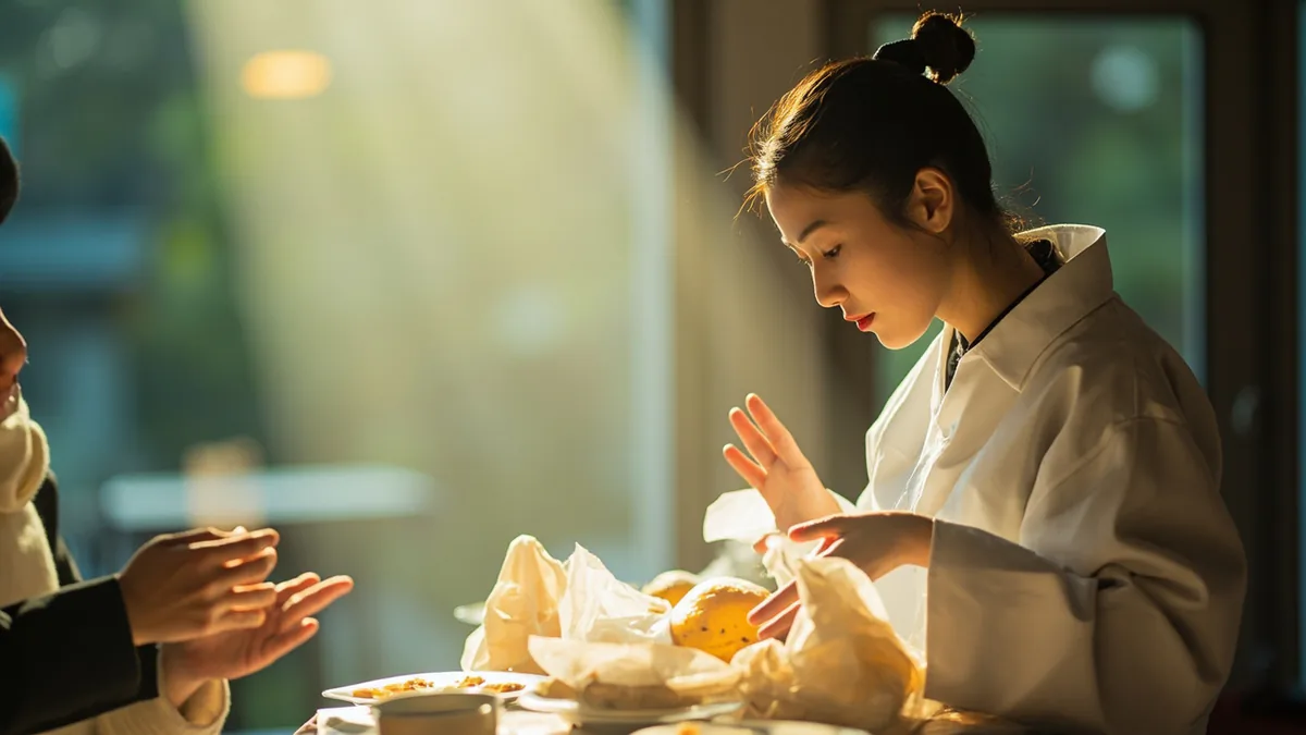 A customer asks a baker to wrap a freshly baked pastry, illustrating “please wrap it up” in Chinese: 帮我包一下 (bāng wǒ bāo yīxià)