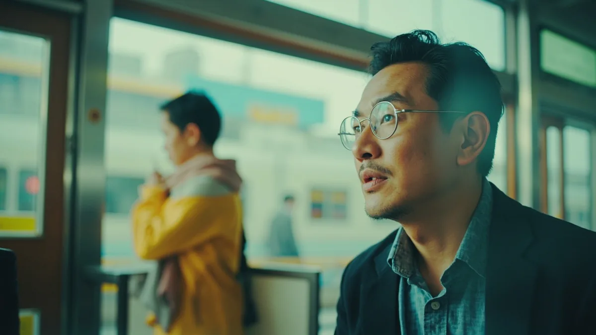 A person checks a train departure display, confirming a likely schedule, illustrating “probably or should be” in Chinese: 应该是 (yīnggāi shì)