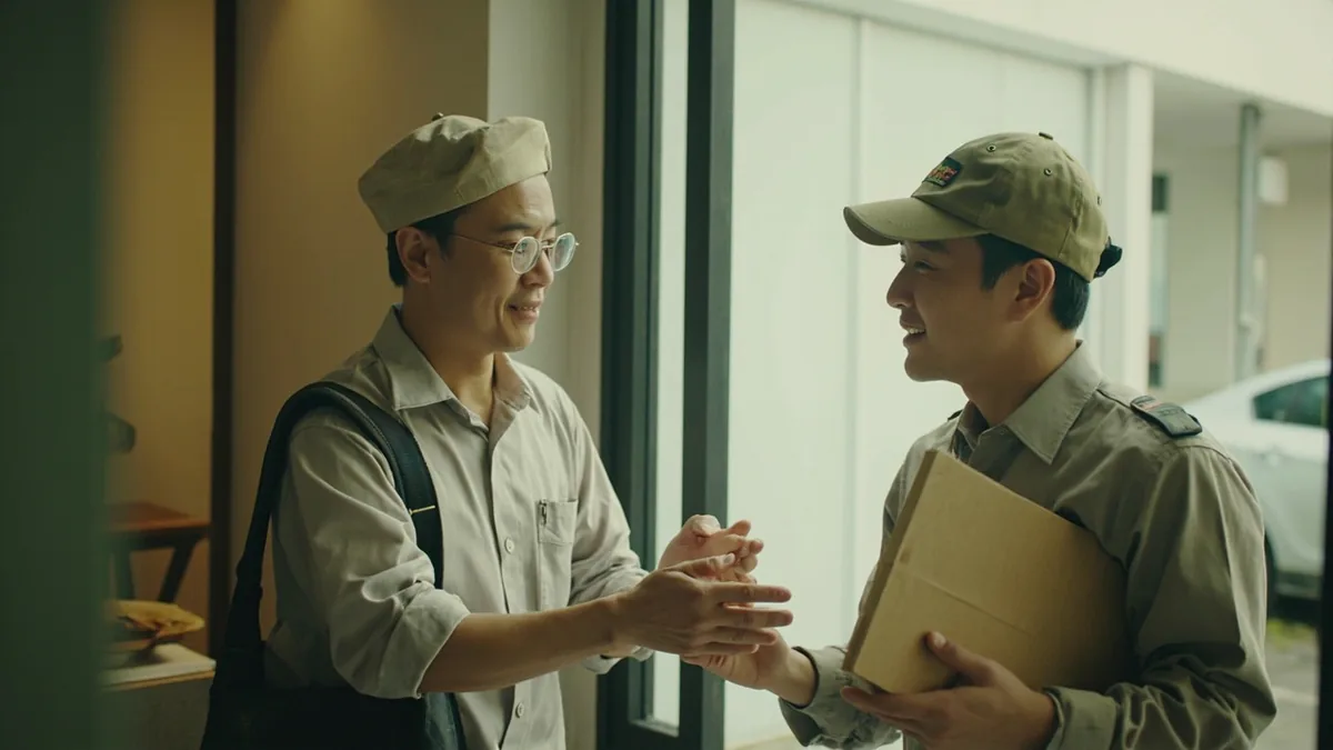 A person accepts a small package from a delivery worker with a nod of thanks, illustrating “received, thanks” in Chinese: 收到，谢谢 (shōudào, xièxie)
