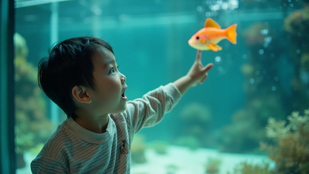 A child points at a beautiful sea creature in an aquarium, illustrating “sea dragon” in Chinese: 海龙 (hǎi lóng)