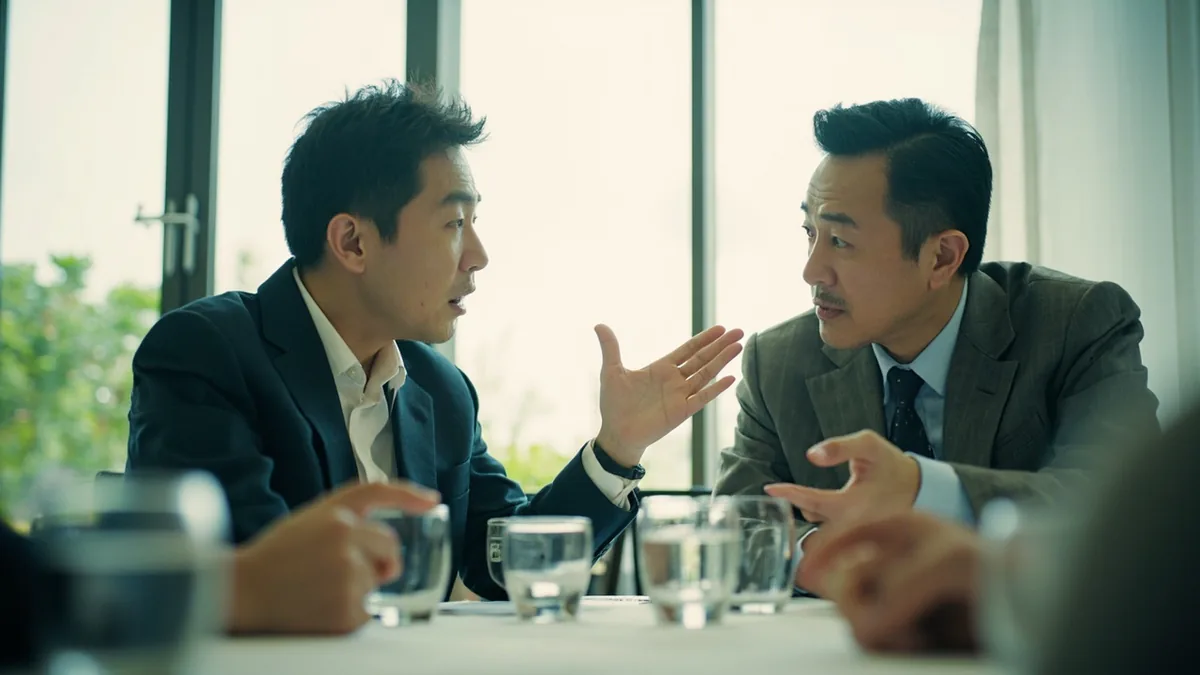 A businessperson gestures while discussing a price estimate, illustrating “send me the quotation” in Chinese: 报价发给我 (bàojià fā gěi wǒ)