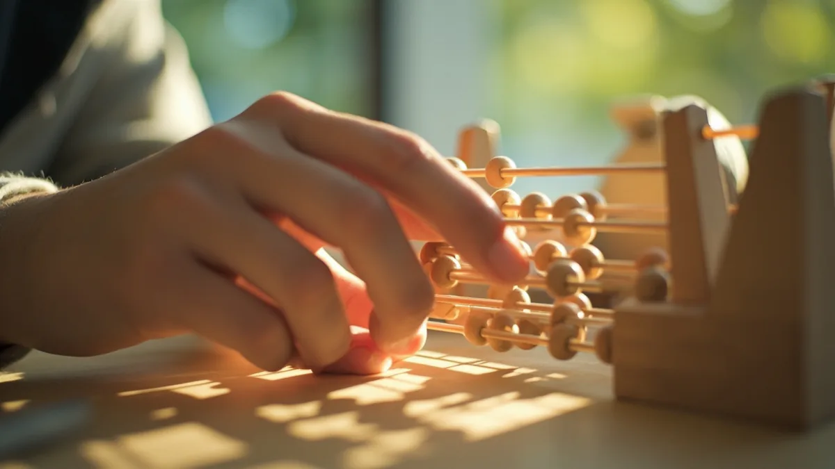 A person's hands meticulously slide beads on a traditional abacus, finalizing calculations, illustrating “settlement at month-end” in Chinese: 月底结算 (yuèdǐ jiésuàn)