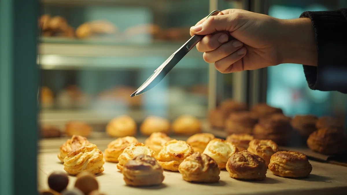 A person counts out six fresh pastries from a display, illustrating “six” in Chinese: 六 (liù)