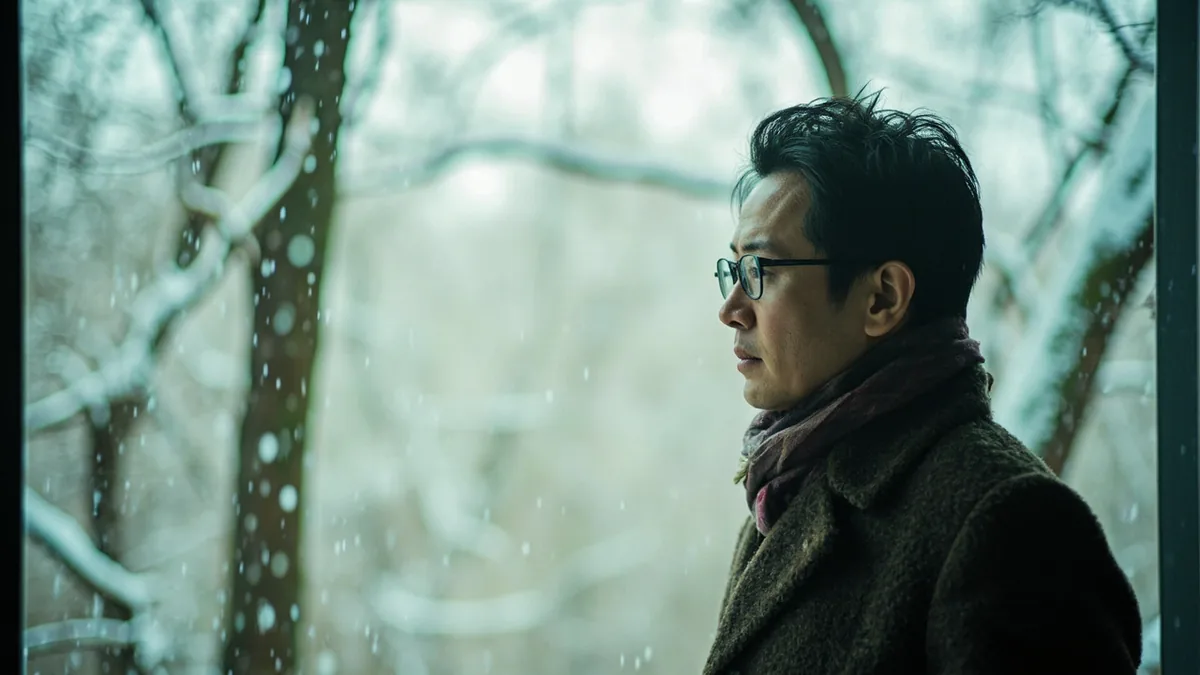 A person gazes out a window at falling snow, illustrating “snow” in Chinese: 雪 (xuě)