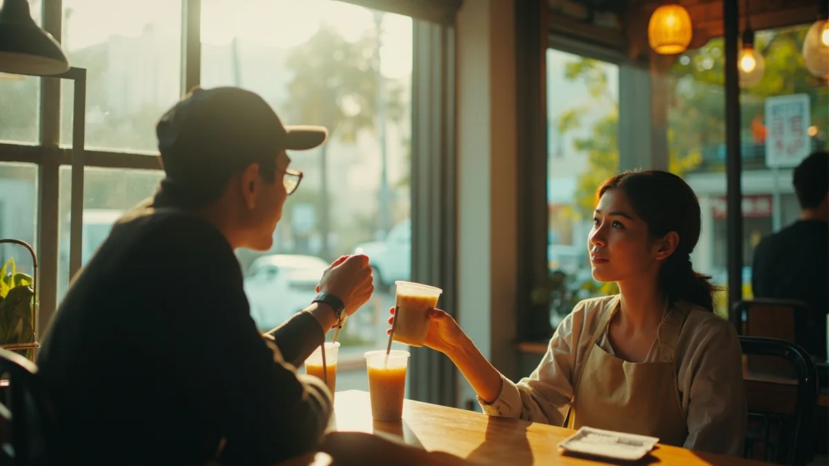 A cafe worker apologizes to a waiting customer, illustrating “sorry to keep you waiting” in Chinese: 让您久等了 (ràng nín jiǔ děng le)