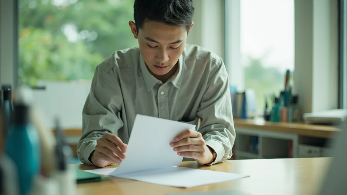 An office worker applies a company seal to a blank document, illustrating “stamp it (company seal)” in Chinese: 盖章 (gàizhāng)