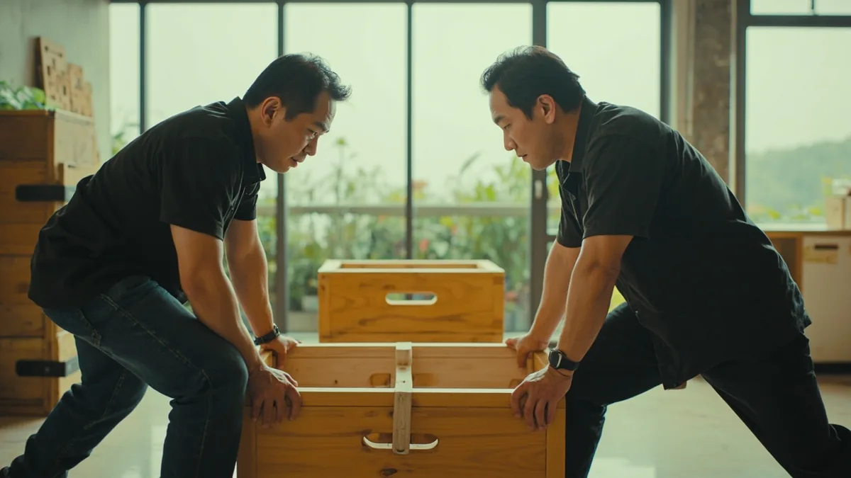 Two people push a heavy object together with effort, illustrating “strength” in Chinese: 力量 (lìliang)