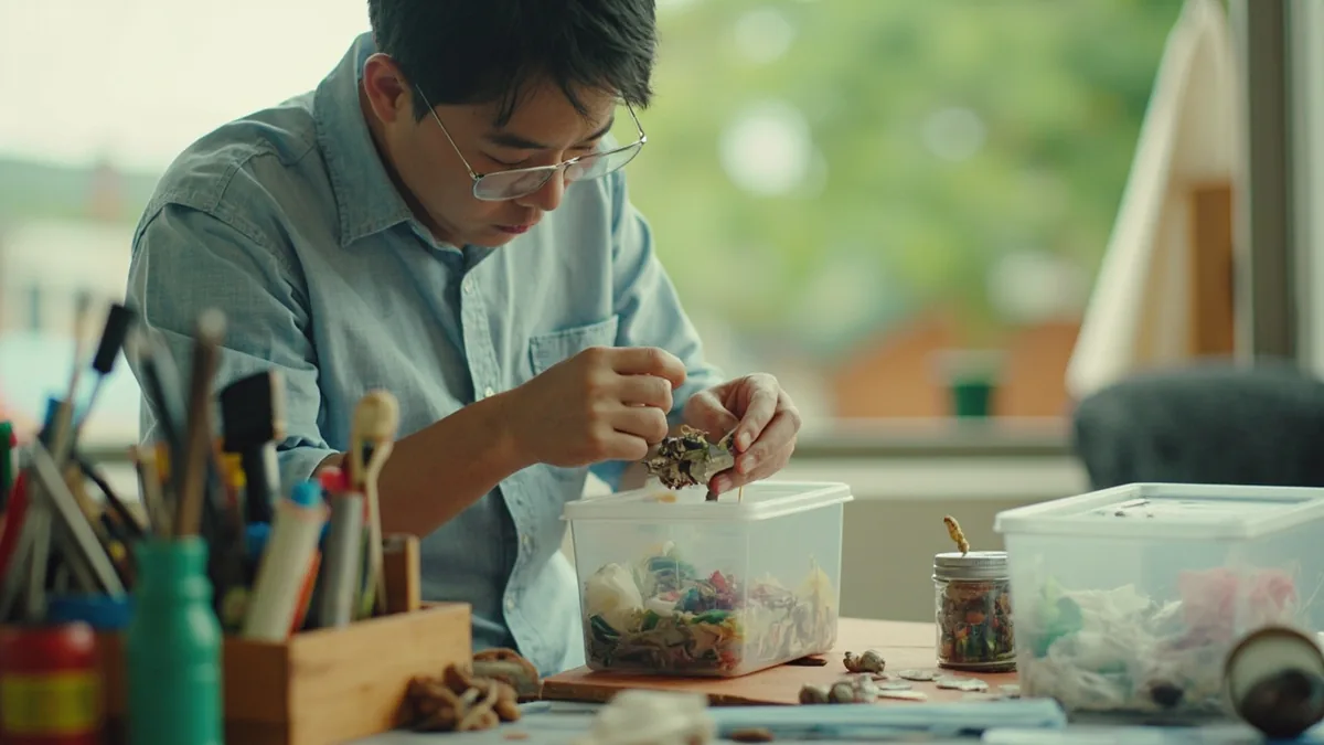 A person organizes various items into a storage box, illustrating “stuff” in Chinese: 东西 (dōngxi)