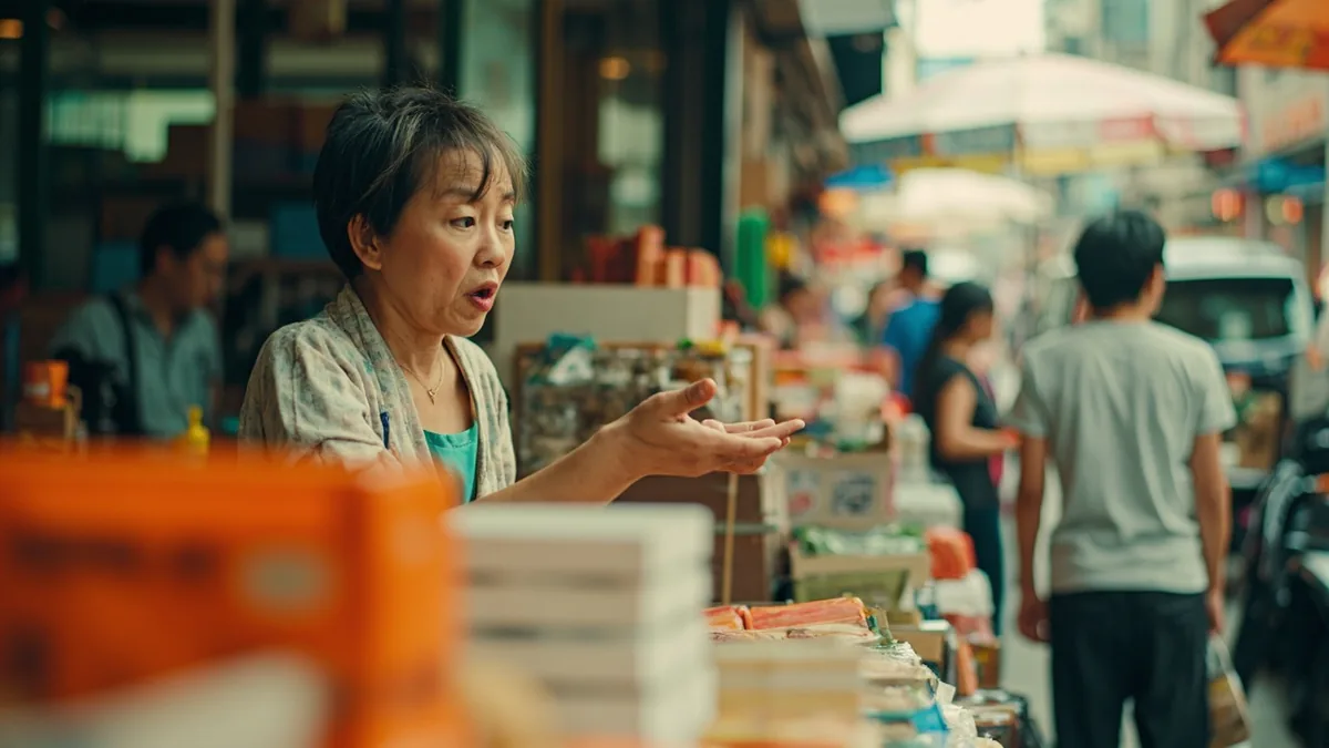 A vendor regretfully gestures toward an empty display shelf in a busy market, illustrating “that one is sold out” in Chinese: 这个卖完了 (zhège màiwánle)