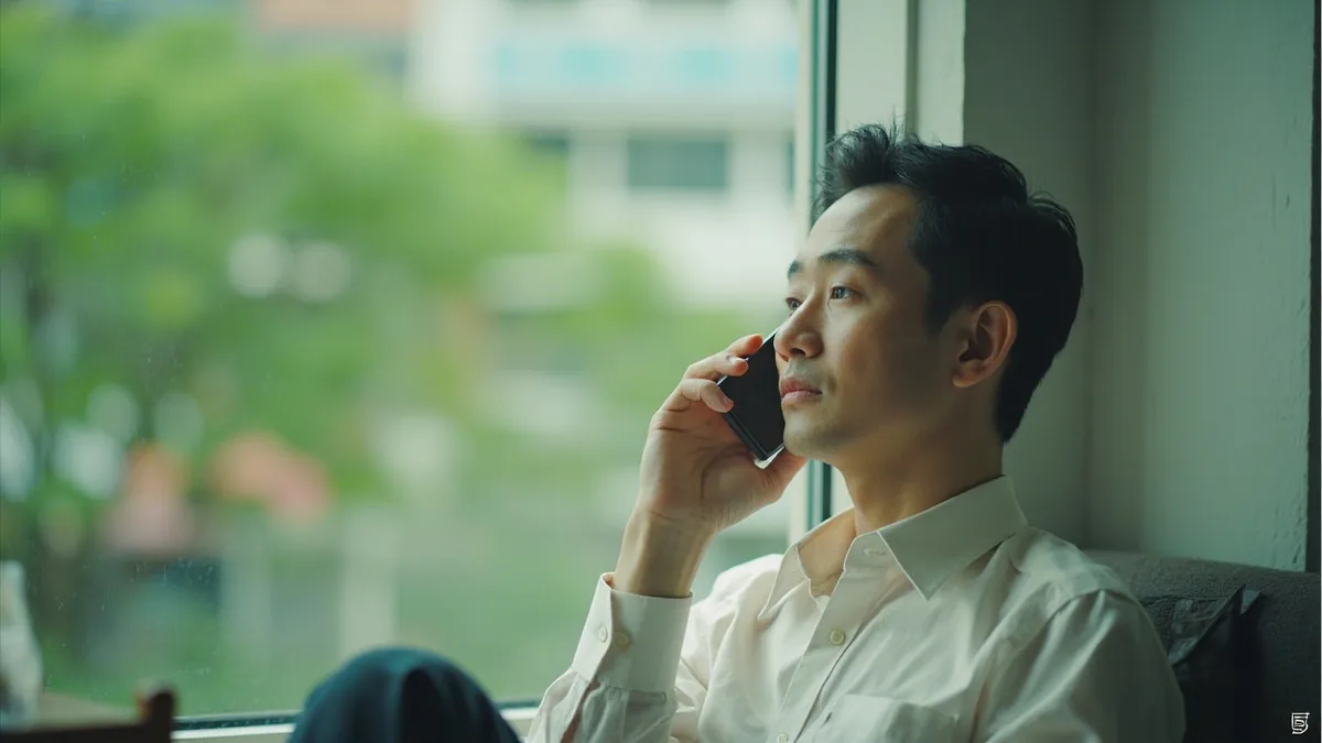 A person on a phone call struggles to hear due to a poor connection, illustrating “the connection isn't good” in Chinese: 信号不太好 (xìnhào bù tài hǎo)