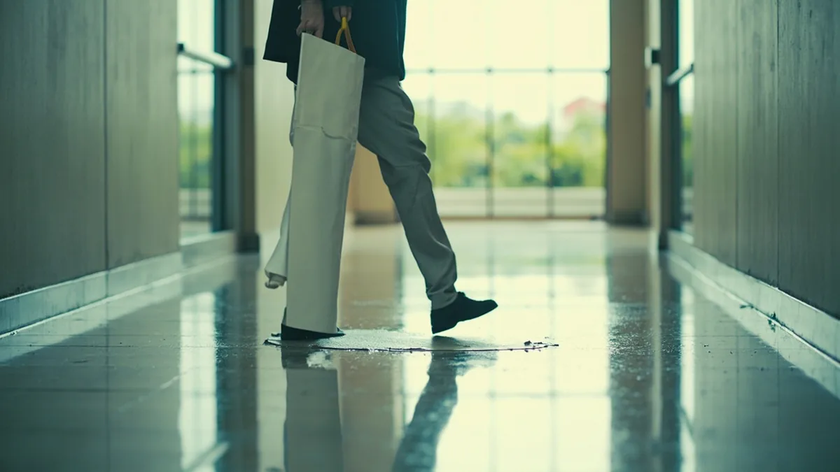 A person walks cautiously across a recently cleaned wet floor, illustrating “the floor is slippery — please be careful” in Chinese: 地面很滑，请小心 (dìmiàn hěn huá, qǐng xiǎoxīn)