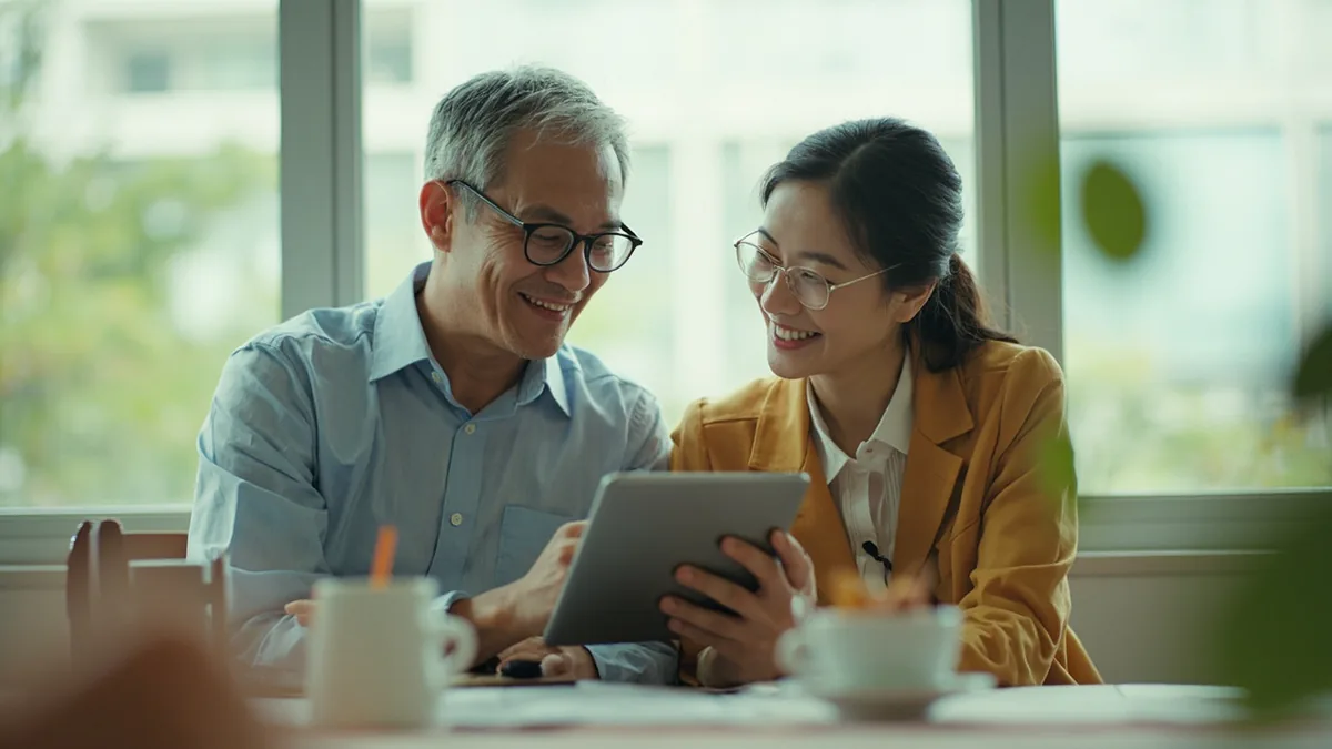Two colleagues review a successful project report together, illustrating “the results are good” in Chinese: 结果不错 (jiéguǒ bùcuò)